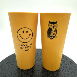 Vintage Owl, Smiley Face Have A Happy Day Yellow Plastic Cup 1970 MCM Set Of 2